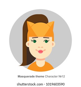 Character for masquerade party theme, fox costume. Colored avatar. Flat cartoon style.