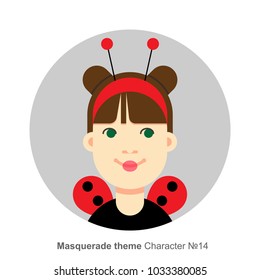 Character for masquerade party theme, ladybug costume. Colored avatar. Flat cartoon style.