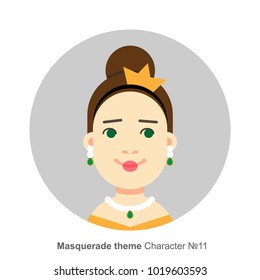 Character for masquerade party theme, princess costume. Colored avatar. Flat cartoon style.