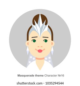 Character for masquerade party theme, the snow Queen costume. Colored avatar. Flat cartoon style.