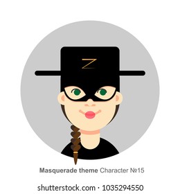 Character for masquerade party theme, Zorro costume. Colored avatar. Flat cartoon style.