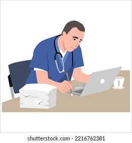 Character medical doctor. Healthcare and medical help. Doctor's office. Front and back view of the doctor in the treatment room. Vector illustration in cartoon style.