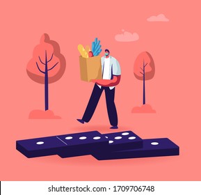 Character in Medical Mask Carry Shopping Bag with Products Pass by Dominoes during Covid19 Pandemic Quarantine Self Isolation. Virus Spreading, Chain Contagious Reaction. Cartoon Vector Illustration