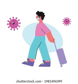 Character with medical mask and suitcase travelling during pandemic of coronavirus flat vector illustration