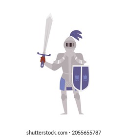 Character of medieval armed knight. Ancient military fighter in armor with a sword and shield. Paladin from fairy tale fantastic kingdom. Flat cartoon vector isolated illustration.