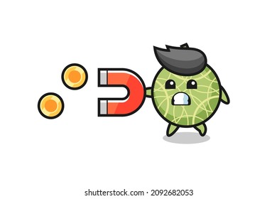 the character of melon fruit hold a magnet to catch the gold coins , cute style design for t shirt, sticker, logo element