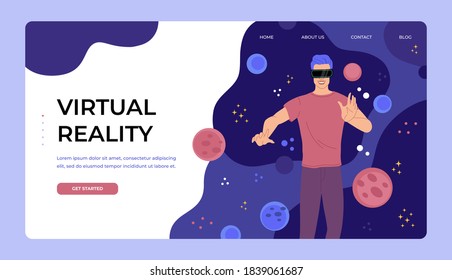 Character of men explores space in vr glasses. Landing page concept, happy young male with goggles for virtual reality, online education. Vector illustration in flat cartoon style. 