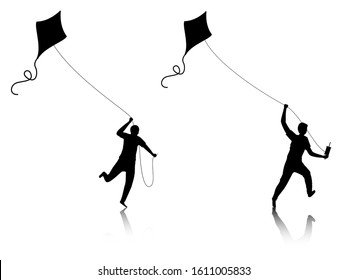 Character of men flying kite in running pose on white background.