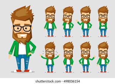 Character men hipster. A collection of several movements and emotions.