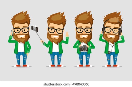 Character men hipster. The set of poses with the use  popular gadgets.