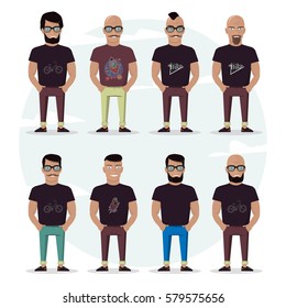 Character mens set on a white background. People with a beard, bald, with a mustache and glasses. Stylish high detailed graphic. Cartoon male. In fashion clothes.