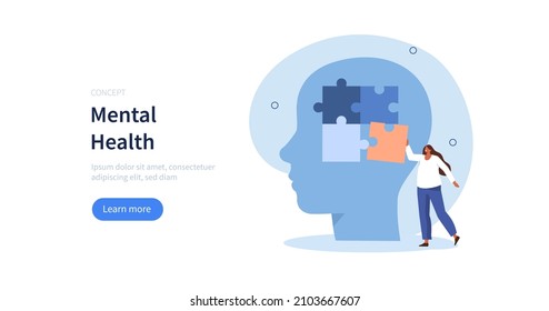 Character with mental disorder completing jigsaw puzzle and trying to solve psychological problems, stress. Psychotherapy concept. Vector illustration.