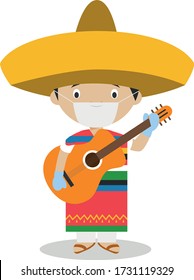 Character from Mexico dressed in the traditional way with guitar and with surgical mask and latex gloves as protection against a health emergency