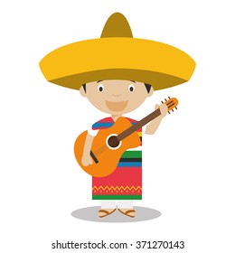 Character from Mexico dressed in the traditional way with guitar. Vector Illustration. Kids of the World Collection.