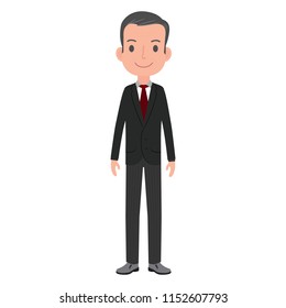 The character of a middle age man with dark grey hair wearing a black suit with a dark red tie. 