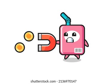 the character of milk box hold a magnet to catch the gold coins , cute style design for t shirt, sticker, logo element