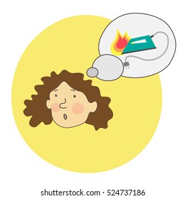 Character with mind cloud. Distracted housewife does not shut off the iron. Vector EPS 10