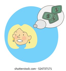Character with mind cloud is thinking about money and wealth. Vector EPS 10