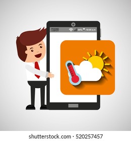 character with mobile app weather forecast vector illustration eps 10