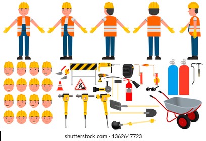 Character model for animation. Builder, handyman, road worker. Separate body parts. Vector illustration, flat design style. Isolated on a white background.