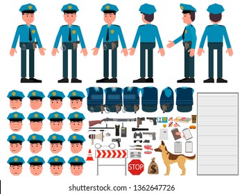 Character model for animation. Policeman. Separate body parts. Vector illustration, flat design style. Isolated on a white background.