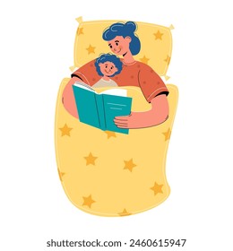 Personaje mamá y niño leyendo un libro antes de ir a la cama en la cama.Personas hiperbolizadas.Día de la madre.Vector ilustración de stock.