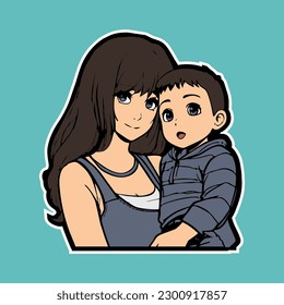 character mom with kid happy cartoon style