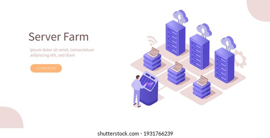 Character Monitoring Big Data Storage Connected With Cloud Computing Service. Server Farm Room. Online Hosting Technology Concept. Flat Isometric Vector Illustration.