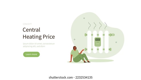 Character monitoring central heating meter. Home energy efficiency and energy consumption in household concept. Vector illustration.