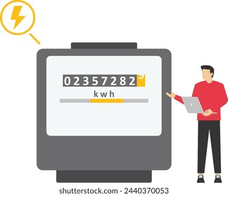 Character monitoring private electricity meter and calculating household utility bill. Woman writes the electricity meter readings. Home energy efficiency audit concept. Vector illustration.

