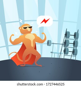 Character monkey demonstrates his superpower in the gym.