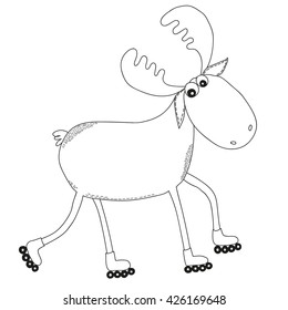 Character monochrome illustration of moose skating roller skates