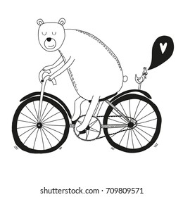 Character monochrome vector illustration of bear riding bicycle, bird and heart, valentine's card
