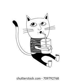 Character monochrome vector illustration of cute cat drinking milk from the glass