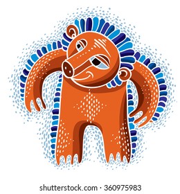 Character monster vector flat illustration, cute orange mutant. Drawing of weird beast, emotional expression. 