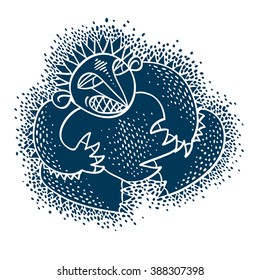 Character monster vector flat illustration, cute blue mutant. Drawing of weird beast, emotional expression. 