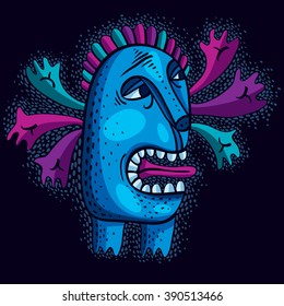 Character monster vector flat illustration, cute blue mutant. Drawing of weird beast, emotional expression. 