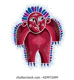 Character monster vector flat illustration, cute red  mutant. Drawing of weird beast, emotional expression. 