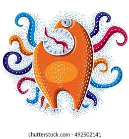Character monster vector flat illustration, freak orange mutant. Drawing of weird beast, emotional expression. 