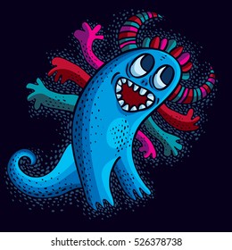 Character monster vector flat illustration, cute blue smiling mutant. Drawing of weird beast, emotional expression. 