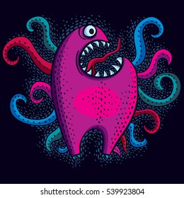 Character monster vector flat illustration, crazy purple mutant. Drawing of weird beast, emotional expression. 