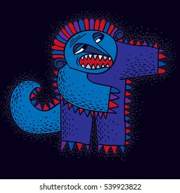 Character monster vector flat illustration, cute blue mutant. Drawing of weird beast, emotional expression. 