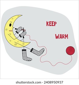 Carácter de tejer la luna con agujas y roscas rojas. Ilustración vectorial plana EPS10.