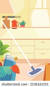 Character mopping floor in kitchen at home, labor day vector illustration