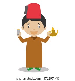 Character from Morocco dressed in the traditional way with a tea set. Vector Illustration. Kids of the World Collection.