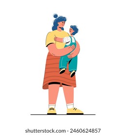 Character mother holding a child in her arms. Big hugs. Hyperbolic people. Mothers Day. Vector stock illustration.