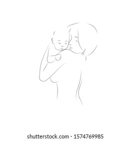Character mother with newborn baby line art., vector illustration