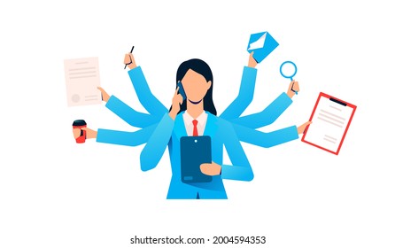 Character multitasking employee businesswoman talking on phone running office worker vector illustration isolated on white background