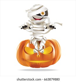 Character of mummy zombie sitting on halloween pumpkin. Vector illustration for Halloween festival.