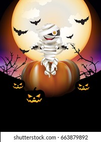 Character of mummy zombie sitting on halloween pumpkin on full moon night background. Vector illustration for Halloween festival.